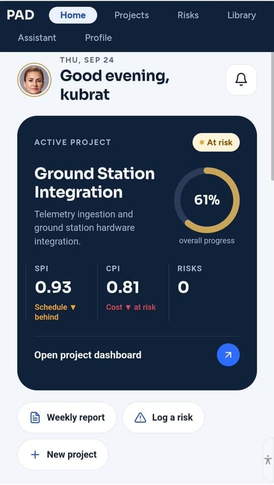 PAD home screen with the active project summary