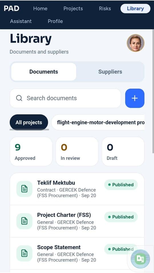 PAD library of project documents and suppliers